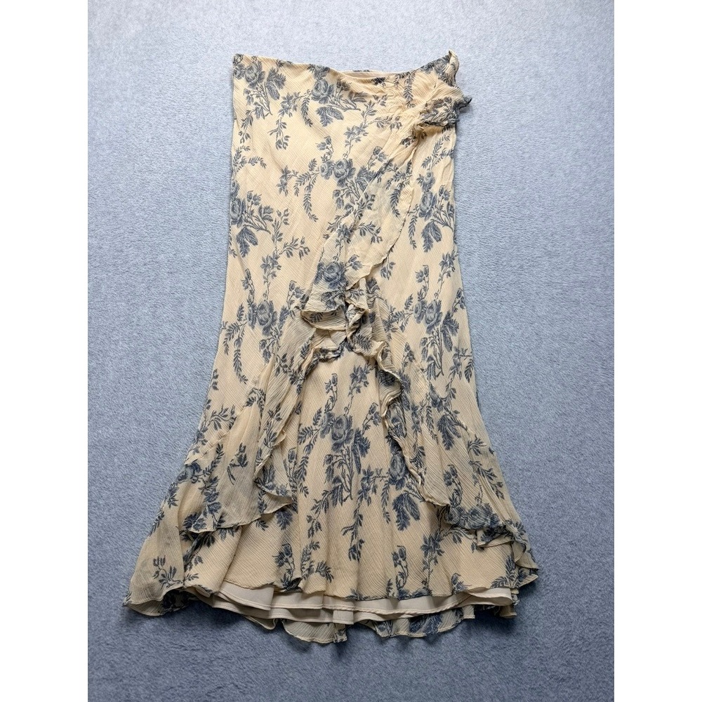 Ralph Lauren Blue Label Silk Floral Ruffle Wrap Midi Skirt Cream Blue Size L